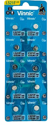 Wholesale 10 X Vinnic 1.5v Alkaline Batteries AG0 L521F LR63 379 SR521W 0% HG • £2.75