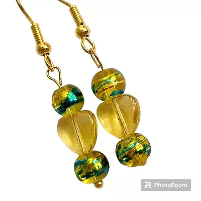 Yellow Blue Murano Art Glass Heart Earrings Bead Hand Painted Round Gold Plated • $9.99