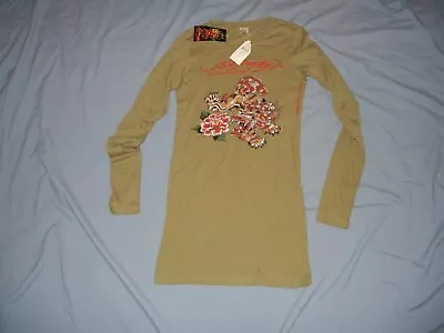 Women’s NWT DON ED HARDY Long T-shirt Dragon Olv Green SM Long Sleeve • $34.99