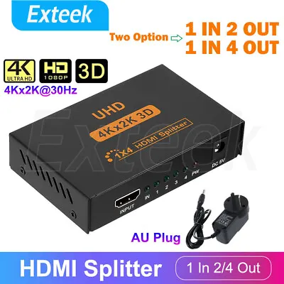 1 In 2 / 4 Out HDMI Splitter Amplifier Video Duplicator 4K Full HD 3D Power Plug • $19.95