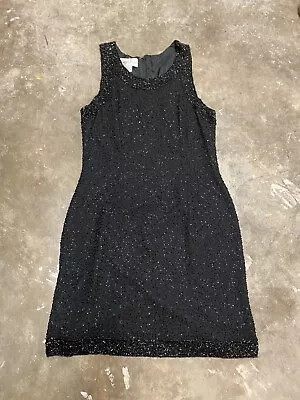 Vintage Laurence Kazar New York Mini Beaded Black Party Dress Medium Sleeveless • $25