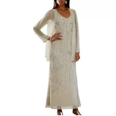 Plus 2X Mother Of Bride Beaded Sequin Creamy Beige Midnight Velvet Jacket Dress • $88.83
