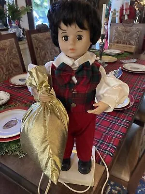 Vintage Christmas Boy Doll Mechanical Toy Bag Plaid Red Telco Creations Display • $79.99