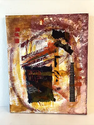 Vintage Original Abstract Mixed Media Painting 16x20  On Canvas Purple Yellow • $55