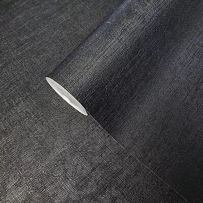 Embossed Contemporary Black Plain Faux Sisal Grasscloth Textured Wallpaper Rolls • $4.35