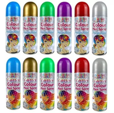 Halloween NewYear Parties Temp Hair Colour Plain & Glitter Colour Spray Wash Out • £6.99