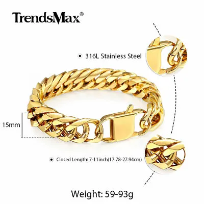 15mm 316L Stainless Steel Bracelet Silver/Gold Plated Curb Link Mens Chain 8-11  • $12.99