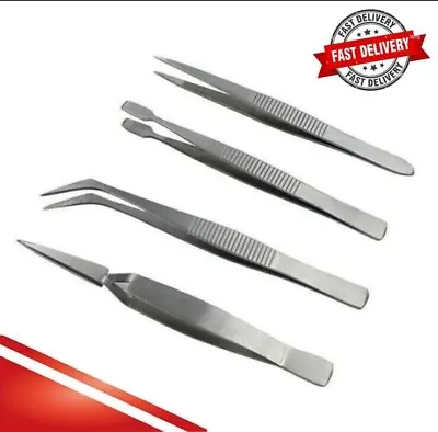 4PC Tweezer Set Stainless Steel Precision Hobby Jewellery Craft Electronic Stamp • £2.99