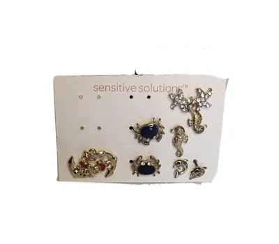 Sensitive Solutions Earrings Multi Pack Beach Sea Animals Rhinestones Gold Tones • $7