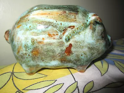 Vintage Pottery Stoneware Piggy Bank 4 T 6 Long Green Browns Glaze Farmhouse • $9.99