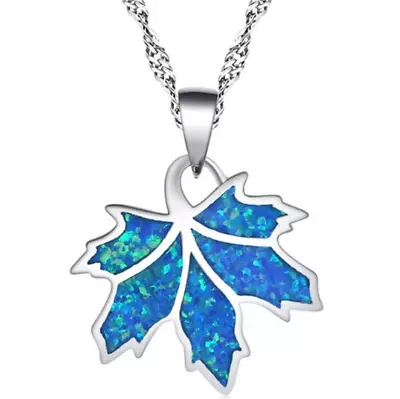 New Fashion Silver Simulated Opal Blue Leaves Pendant Necklace Marriage Jewelry • $0.18