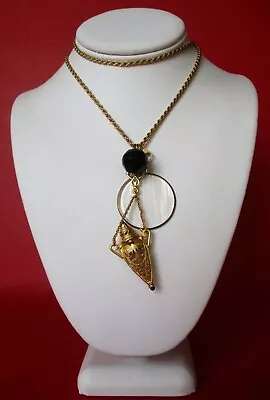 Antique 30-Inch Brass Chain Necklace With Monocle & Two Pendants • $90