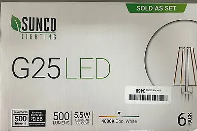 SUNCO 6 Pk G25 LED Light Bulb Vanity 5.5W (60W) 500 Lm 4000K COOL DIMMABLE E26 • $25.99
