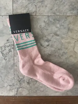 VERSACE Mens Pink Green LOGO STRIPE Cotton Blend Crew Socks MEDIUM NWT • $54