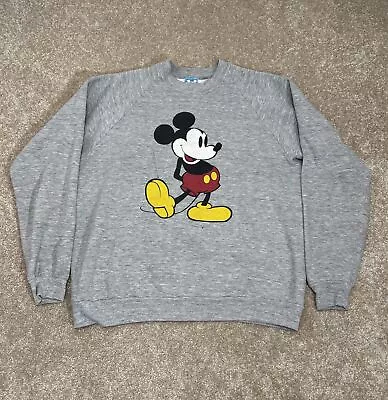 Vintage 80s Mickey Mouse Raglan Crewneck Sweatshirt Gray Size Large USA Made • $33.99