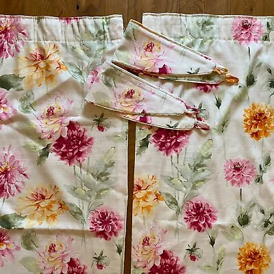 Laura Ashley Dahlia Parade Pink Grapefruit Curtains With Tie Backs 63 W 53 L • £39.99