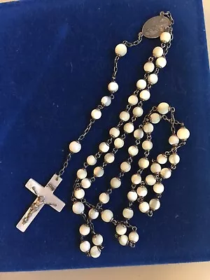 Old Vintage Large Mother Of Pearl Bead Sterling Silver Rosary Bead Necklace • $125