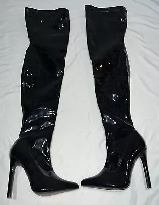 Women's ~ Mixx Shuz Lacquered Black Over The Knee Stiletto Boots ~ Size 6 • $17.99