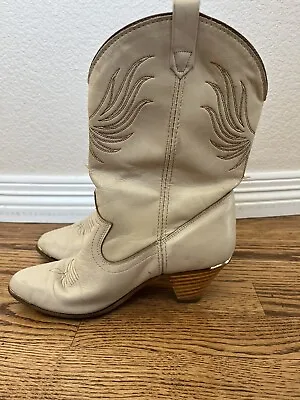 Vintage Acme Dingo Western Cowgirl Boots Womens 7 M Leather USA Bone Wood Heel • $29.99