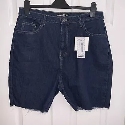 Bnwt Boohoo High Waisted Cut Of Denim Jean Cycling Stretch Shorts - Uk 16 • $7.58