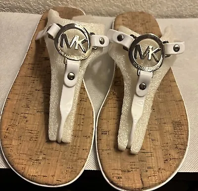 MICHAEL KORS WHITE Sz 8 Women's MK Charm Silver Jelly Cork Sandals Flip Flops GU • $22.99