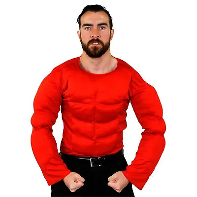 Mens Padded Red Muscle Chest Top Strongman Shirt Tv Army Fancy Dress Costume  • £17.99
