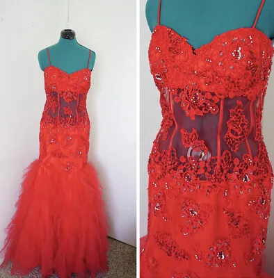 Red Sexy Lace Satin Corset Jasz Couture Mermaid Prom Wedding Dress Size 12 • $170
