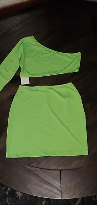  Women's 2 Piece Neon Green Skirt And Crop Top Set Medium NEW • $16.90