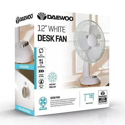Daewoo 12  Portable Table Desk Fan For Home/Office Oscillating 3 Speed COL1567 • £20.79
