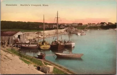 Menemsha Martha's Vineyard MA Harbor Sailboats Hand Colored Albertype Postcard • $18.96