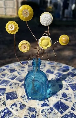 Yellow Button Flower Bouquet Of Vintage Buttons In Mini Blue Horseshoe Vase • $10.50