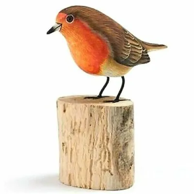 Robin Hand Carved Painted Bird Wood Log Tree Stump Wooden Figure Ornament • £14.95