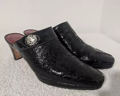 Brighton Black Tattoo Black Patent Leather Mules Slip On Heels Sz 6.5 M • $24.99