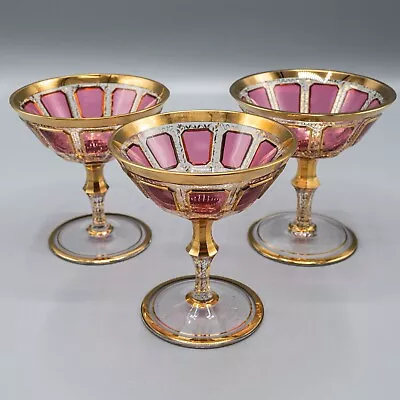 READ Bohemian Cabochon Champagne Saucers 4 3/8  Set 3 Cranberry Red Moser Style • $148.75