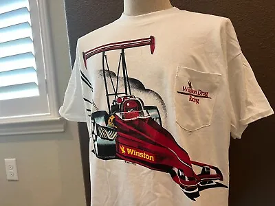 Vintage 90's Winston Cigarettes Drag Racing White Pocket T-shirt Size XL • $47.49