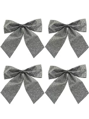 Silver Glittered Christmas Tree Bow Decorations - 6 X 80mm • $1.95