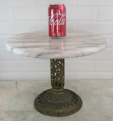 Vintage Solid Brass Base Side Table W/Round Marble Top MCM HOLLYWOOD REGENCY • $98