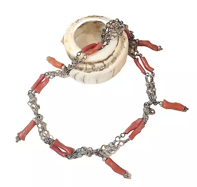 Antique Moroccan Berber Natural Coral Silver Pendants Necklace • $349.95