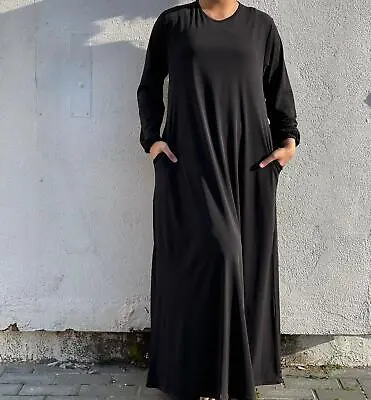 Womens Plain Abaya Black With Pockets New Burkha Jilbab Long Jersey Maxi Dress • £20.99