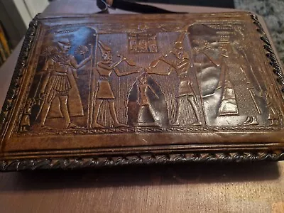 Vintage Dark Tan Leather Clutch Bag - Egyptian Hieroglyphics Scene Incl Purse • £22.99