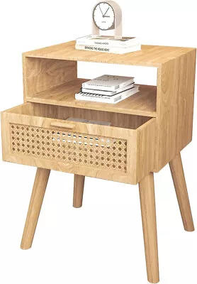 Nightstand With Rattan Door Wooden Bedside Table End Table Drawer Storage • $34.85