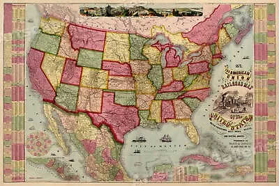 1872 American Union Railroad Historic Old Train Map - 24x36 • $24.95