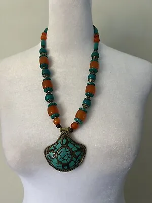 Vintage Turquoise Carnelian Pendant Beaded Chunky Necklace Western Ethnic • $28.99