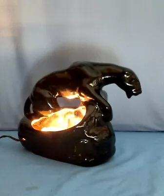 Vintage MCM Ceramic Black Panther Table TV Lamp Night Light 12 X 9  Cat Perched • $124.99