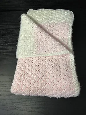 Handmade Crochet Knit Baby Blanket Afghan So Soft Pink & White 40” X  46” • $9.95