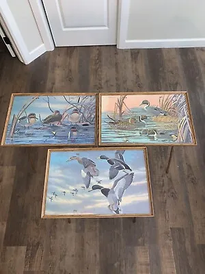 Vtg Folding TV Trays Tables J MacLeod Art Ducks Water Fowl Set Of 3 Metal Legs • $114.99