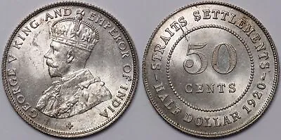 Straits Settlements 1920 50 Cents Cross Below Bust George V KM# 35.1 Silver Coin • $46.16