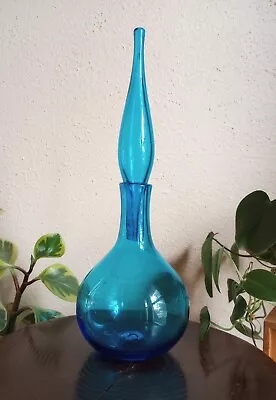 1962 Blenko *Wayne Husted* #627 Blue Art Glass Decanter~Genie Flame Stopper • $355