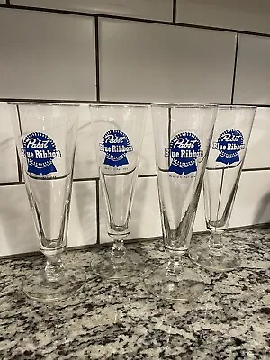 Vintage Pabst Blue Ribbon PBR Tall Fluted 8 1/2” Beer Glasses (Set Of 4) • $39.99