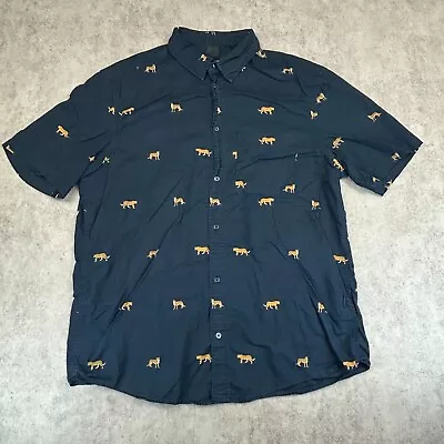 H & M Shirt Mens M Blue Short Sleeve Button Up Cheetah Print All Over Cat Casual • $9.99